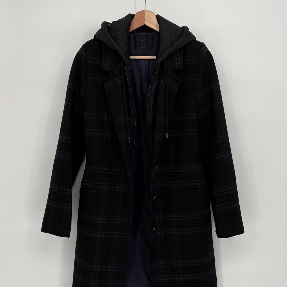 🧲 IKKS Black blue and Gray Plaid wool blend coat w zip out black puffer hoodie - Picture 12 of 12